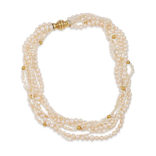 COLLAR DE SEIS VUELTAS DE PERLAS DE AGUA DULCE Y ORO