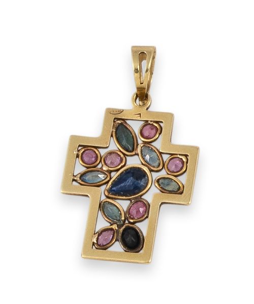 CRUZ DE ORO CON ZAFIROS Y RUBÍES