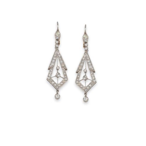 PENDIENTES LARGOS ESTILO ART DECO DE PLATINO CON DIAMANTES 