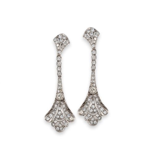 PENDIENTES LARGO ESTILO ART DECO EN PLATINO CON DIAMANTES 