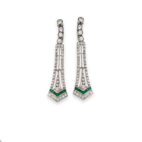 PENDIENTES LARGOS ESTILO ART DECO CON DIAMANTES Y ESMERALDA