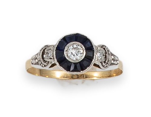 SORTIJA ART DECO OJO PERDIZ CON DIAMANTE Y ZAFIROS 