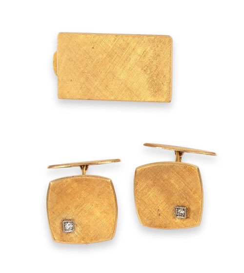 GEMELOS Y PASADOR DE CORBATA DE ORO Y  DIAMANTES