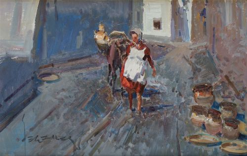 EUSTAQUIO SEGRELLES, "Hacia la fuente", Óleo sobre lienzo