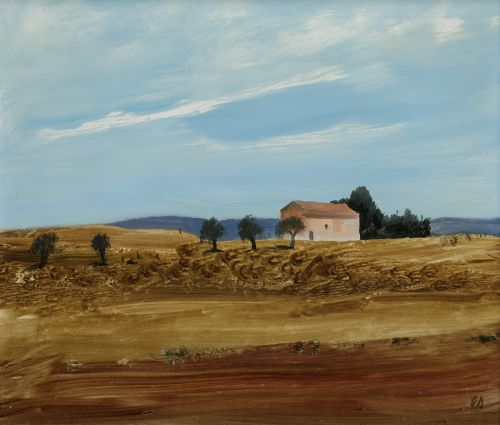 EBERHARD SCHLOTTER, "Paisaje de campo", Óleo sobre tabla