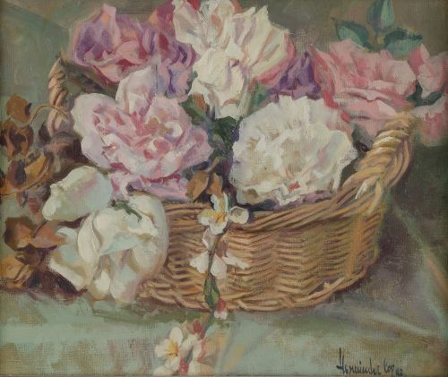 FRANCISCO HERNANDEZ COP, "Cesta con rosas", 1983, Óleo sobr