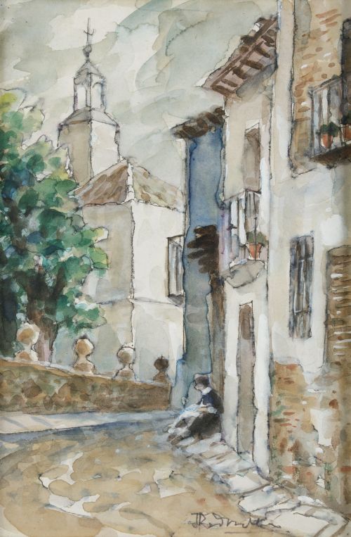 JOSE REDONDELA, "Calle de pueblo", Acuarela y tinta sobre p