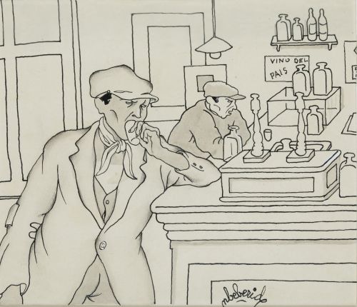 NORBERTO  BEBERIDE, "El Rana en una taberna", Tinta y aguad