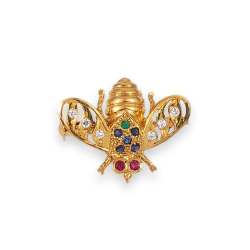 ALFILER MOSCA DE ORO CON CIRCONITAS Y PIEDRAS DE COLOR