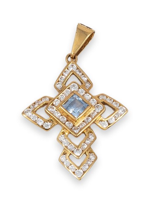 CRUZ DE ORO CON CIRCONITAS Y PIEDRA DE COLOR