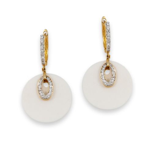 PENDIENTES EN ORO CON DIAMANTES Y DISCO PIEDRA COLOR BLANCO