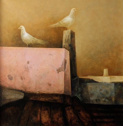 MANUEL  LÓPEZ HERRERA, "Palomas sobre el tejado", Óleo sobr