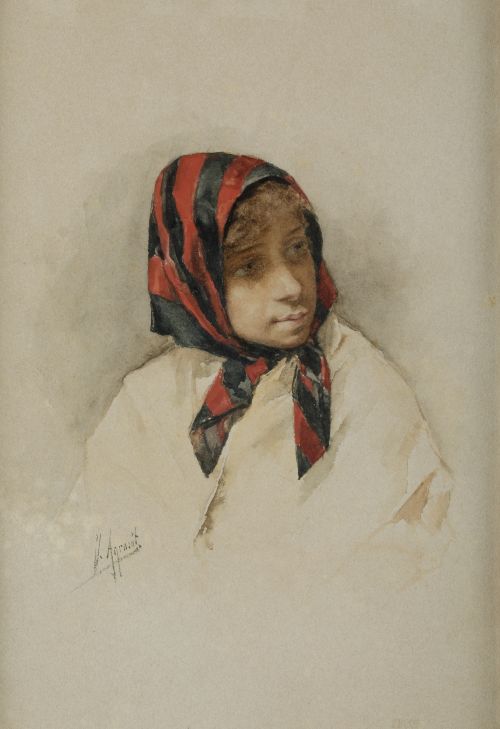 JOAQUIN AGRASOT, "Niña con pañuelo de rayas", Acuarela sobr