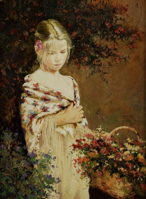 JOSE MANUEL ROMAN FRANCES, "Niña con flores", Óleo sobre li