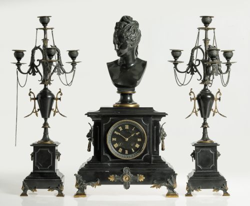 Guarnición de candelabros y reloj Napoleón III, Francia, ff