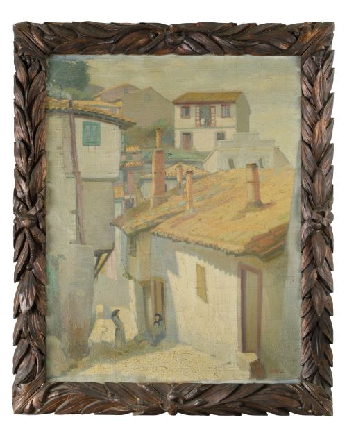 BRIONES , "Pueblo con mujeres conversando", Óleo sobre lien