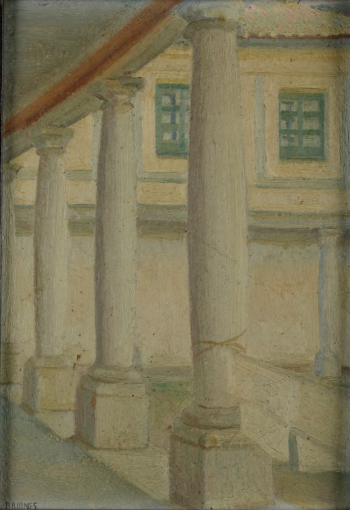 BRIONES , "Patio porticado", Óleo sobre cartón