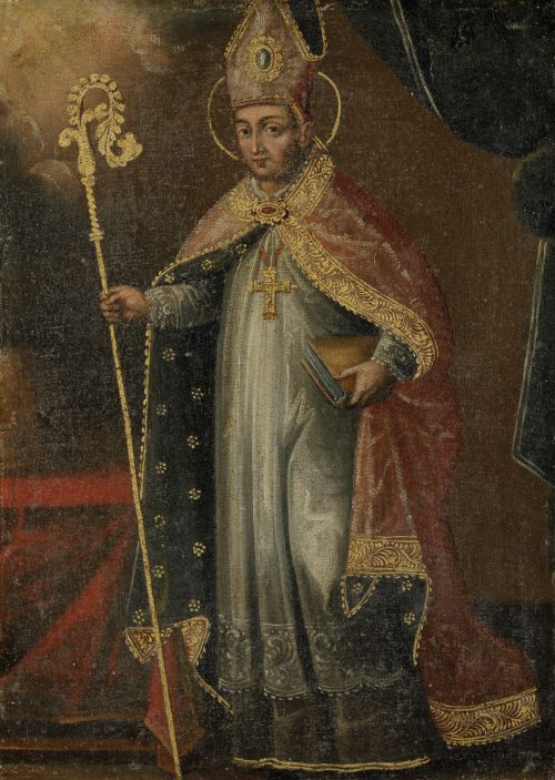 ESCUELA VIRREINAL PERUANA, "Santo obispo", Óleo sobre lienz