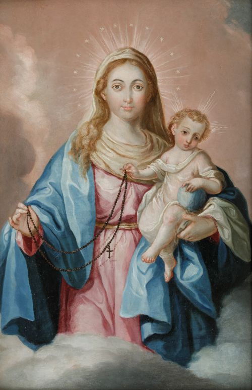 JOSÉ CAMPECHE, "Nuestra Señora del Rosario", Óleo sobre tab