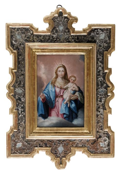 JOSÉ CAMPECHE, "Nuestra Señora del Rosario", Óleo sobre tab