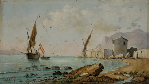 ADOLFO GIRALDEZ, "Paisaje costero con velero", Óleo sobre t