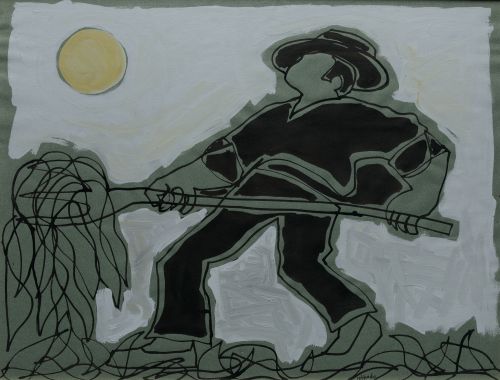 PEDRO SOBRADO, "Campesino al sol", Gouache sobre papel
