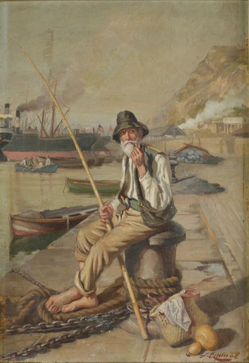 JACINTO ESPINAL ALTERRACHS, "Pescador en un puerto", Óleo s