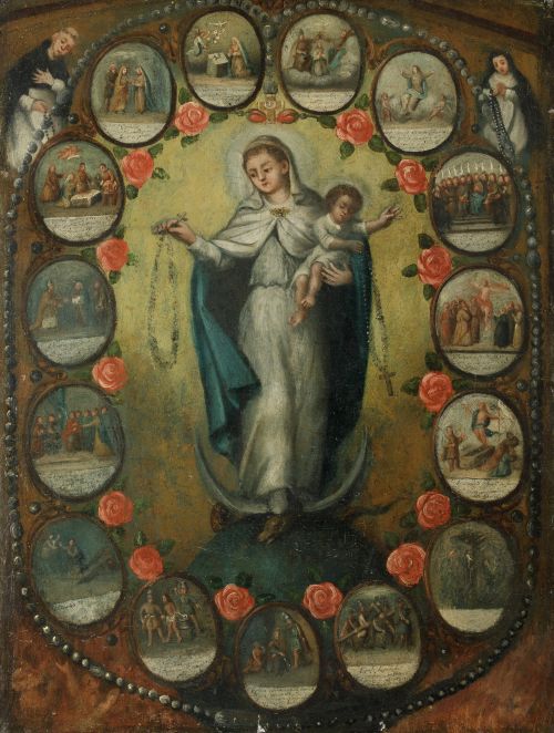 ESCUELA SEVILLANA, "Virgen del Rosario", Óleo sobre lienzo.
