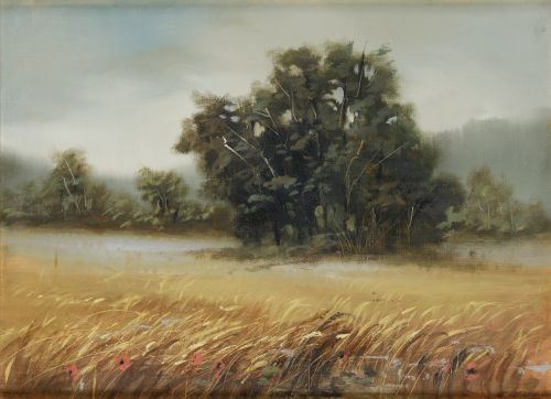 CARLOS MORAGO, "Paisaje rural" , Óleo sobre tabla
