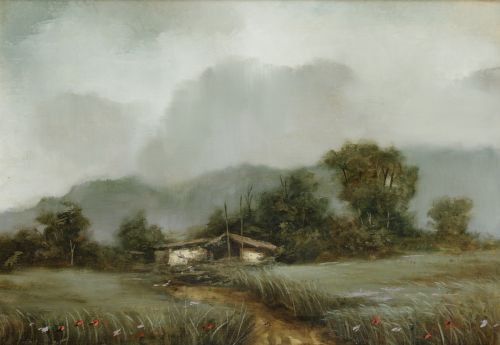 CARLOS MORAGO, "Campo con amapolas", Óleo sobre tabla