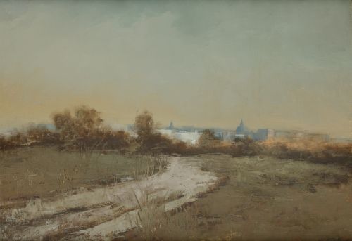 CARLOS MORAGO, "Vista urbana" , Óleo sobre tabla