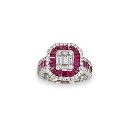 SORTIJA DE ORO BLANCO CON DIAMANTES Y RUBIES
