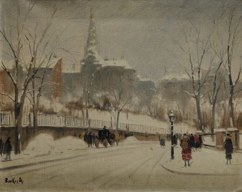 ESCUELA RUSA , "Paisaje urbano nevado", Óleo sobre lienzo.