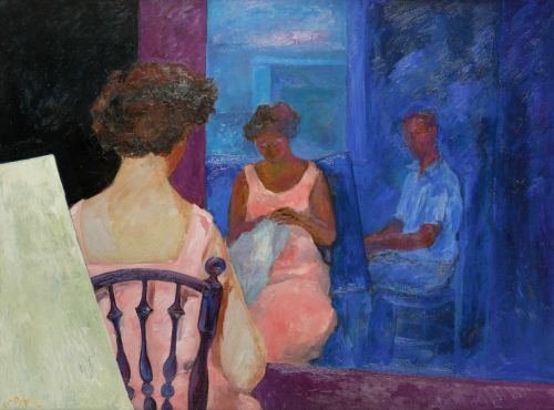 LUIS GARCÍA OCHOA, "Mujeres cosiendo", Óleo sobre lienzo
