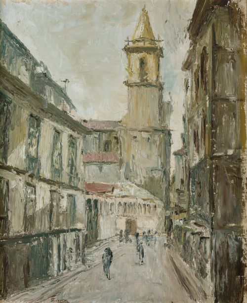 ESCUELA ESPAÑOLA, "Calle de pueblo", Óleo sobre tablex
