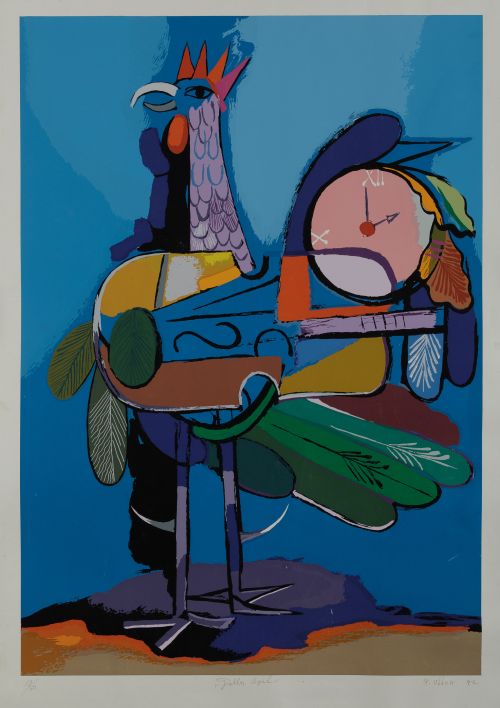 ALBERTO ULLOA BURGOS, "Gallo azul", Litografía sobre papel