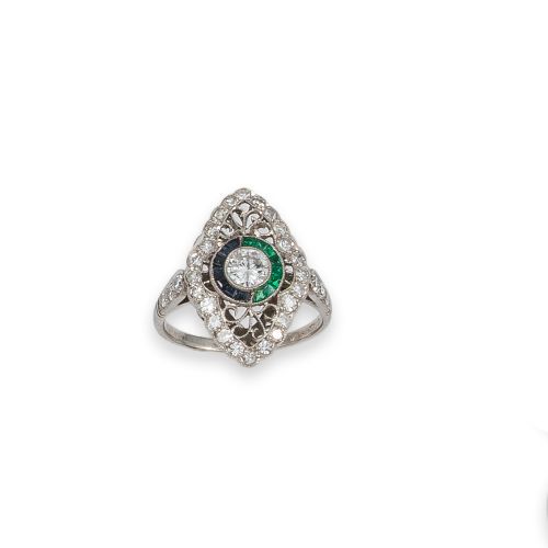 SORTIJA DE PLATINO CON DIAMANTES Y ESMERALDAS