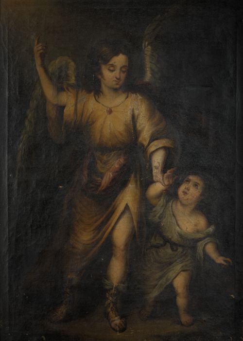 ESCUELA SEVILLANA, “Ángel de la Guarda”, Óleo sobre lienzo.