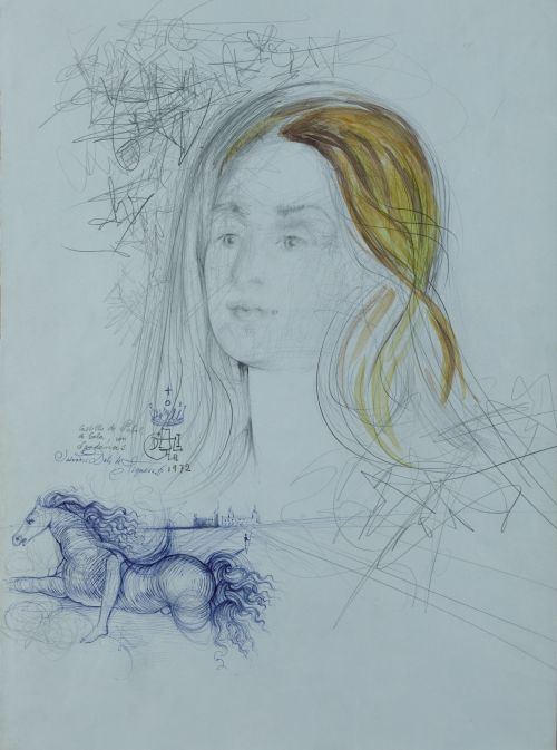 SALVADOR DALÍ  , "Étude pour un portrait", 1972, Acuarela,