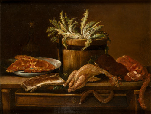 MARIANO NANI, "Naturaleza muerta con pavo, salchichón, futa