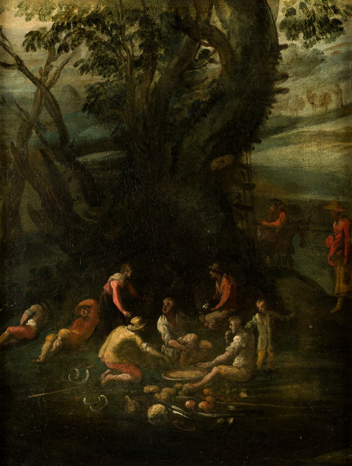 ANÓNIMO  Finales S.XVII, "Figuras en el campo", Pareja de ó