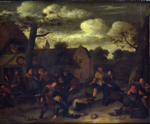 RICHARD  BRAKENBURG, "Escena aldeana", Óleo sobre lienzo