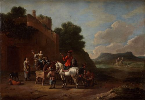 SIMON JOHANNES VAN  DOUW, "Un alto en el camino", Óleo sobr