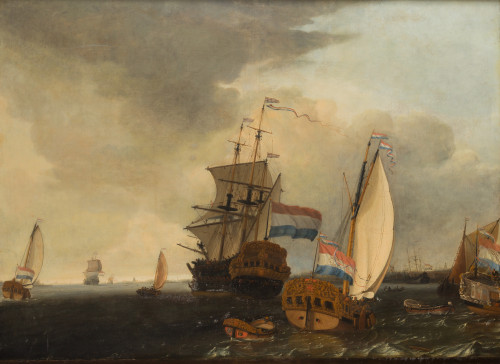 GUERRIT POMPE, "Escuadra holandesa navegando", Óleo sobre l