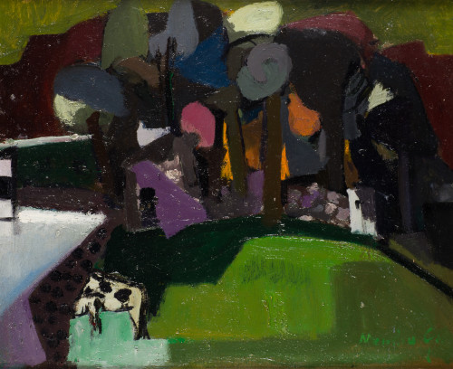 MENCHU GAL, "La vaca en el prado", Óleo sobre cartón