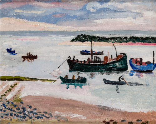 MENCHU GAL, "Bahía con barcas", Óleo sobre tabla