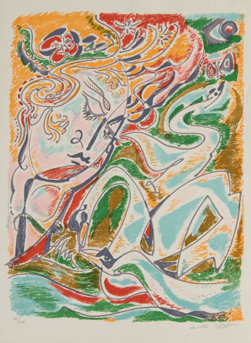 ANDRÉ MASSON, "Léda et le cygne", 1975, Litografía sobre pa