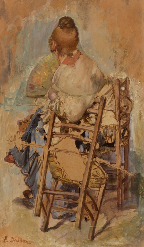 EDUARDO DALBONO, "Mujer sentada", Óleo sobre cartón.