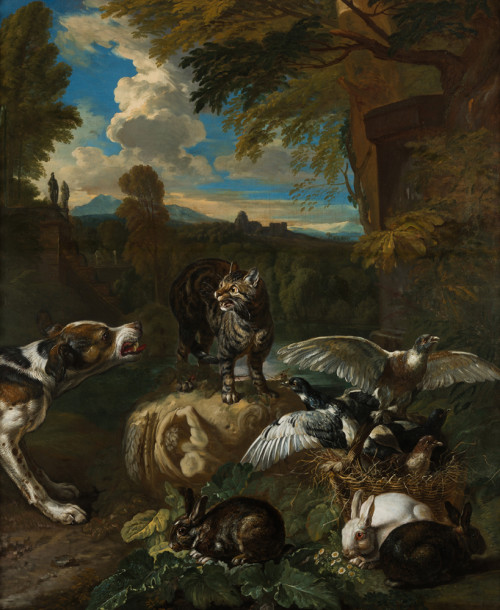 "Paisaje con gato, perro, conejos y palomas"