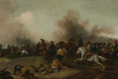 PIETER MEULENER, "Escena de batalla", Óleo sobre cobre